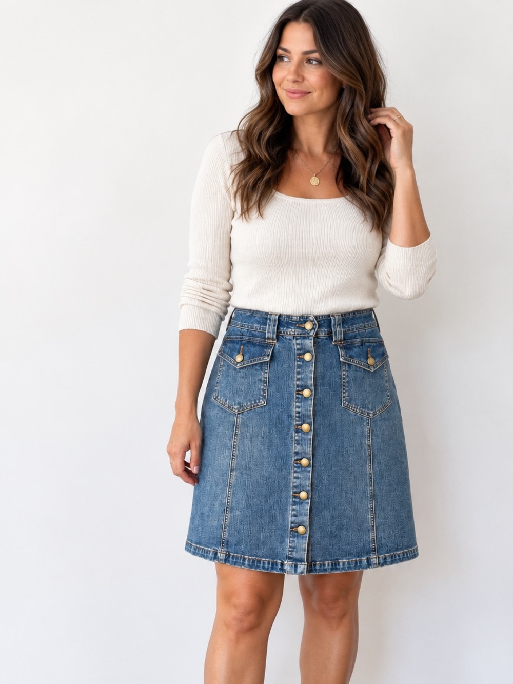 Vintage Y2K Villager Liz Claiborne Denim Skirt 12 Button Front Stretch A-Line